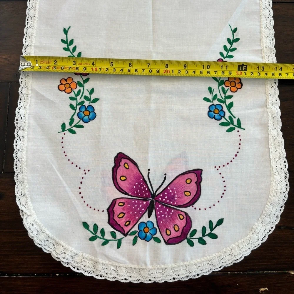 Vtg Butterfly Floral Hand Painted Linen Dresser Scarf Table Runner 45x14